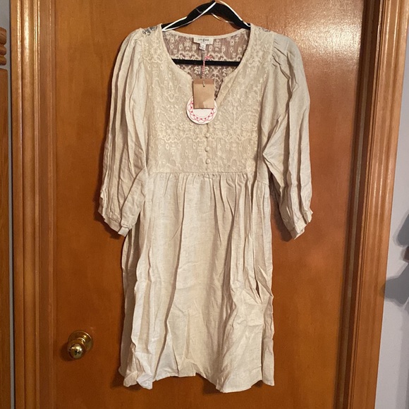 COPY - NWT UMGEE size medium Oatmeal Embroidered Linen-Blend Gathered A-Line Dr… - Picture 3 of 11